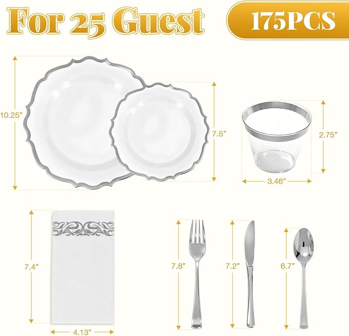 Glowserve 175 Piece Disposable Plastic Plates Dinnerware Set for 25 Guests | 50 Plastic Plates,25 Silverware Set,25 Cups and Napkins,Wedding Birthday,Family Party,Fancy Plastic Plates