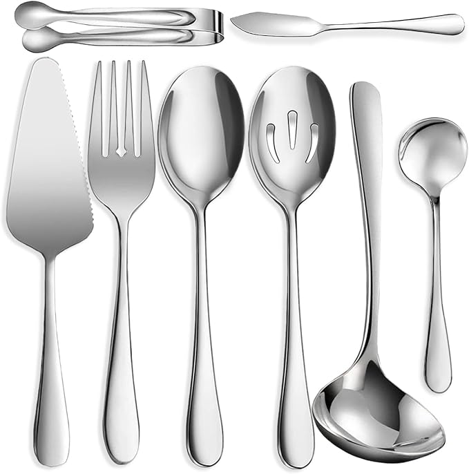 8 PCS Stainless Steel Serving Utensils, Large Serving Spoons Slotted Spoons, Forks, Ice Suger Tongs, Cake Server, Soup Ladle, Metal Utensils Set Great for Buffet Catering Banquet Party, Silver