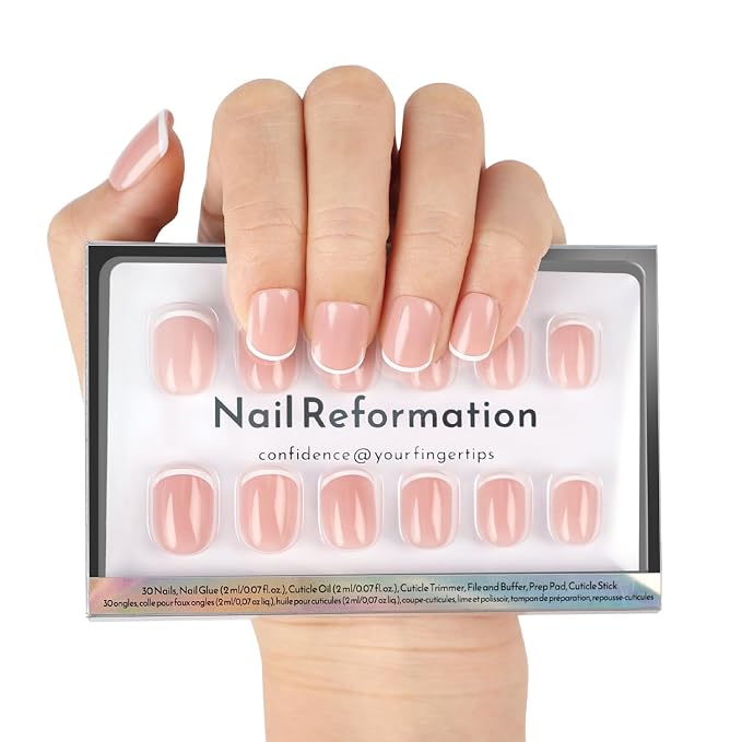 Nail Reformation Press On Nails, She’s a Natural | Short Square Fake Nails | 15 Sizes 30 Pcs White French Tip on Nude Base in a Glossy Finish, Reusable Stick On Nail Kit, Manicure Gifts for Women Gifts