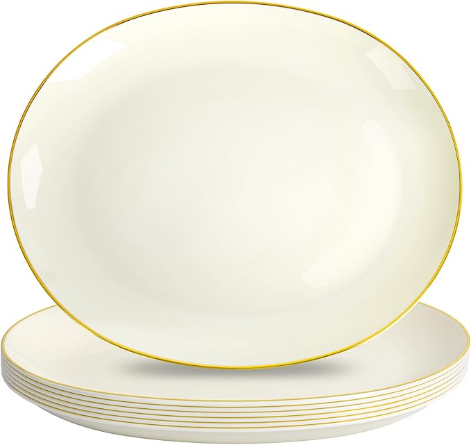 6Pcs Ivory and Gold Plastic Platters - 10’’ x 12’’ Elegant Ivory Oval Disposable Plates - Heavy Duty Serving Trays for Parties/Weddings/BBQ/Picnic/Dinner Party