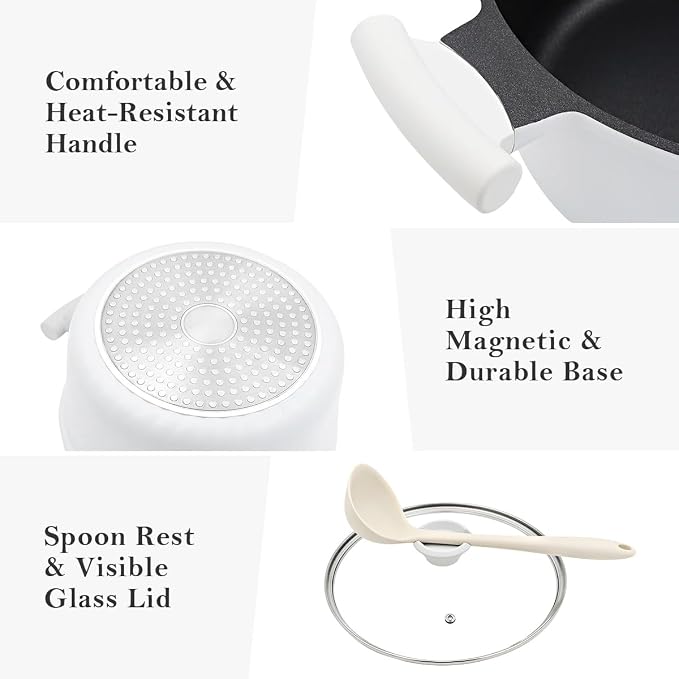 5 Qt Nonstick Stock Pot with Lid, Soup Pot with Stay-Cool Handle, White | Lightweight & Durable, Suitable for All Stoves, Including Induction, PTFE & PFAS & PFOA Free