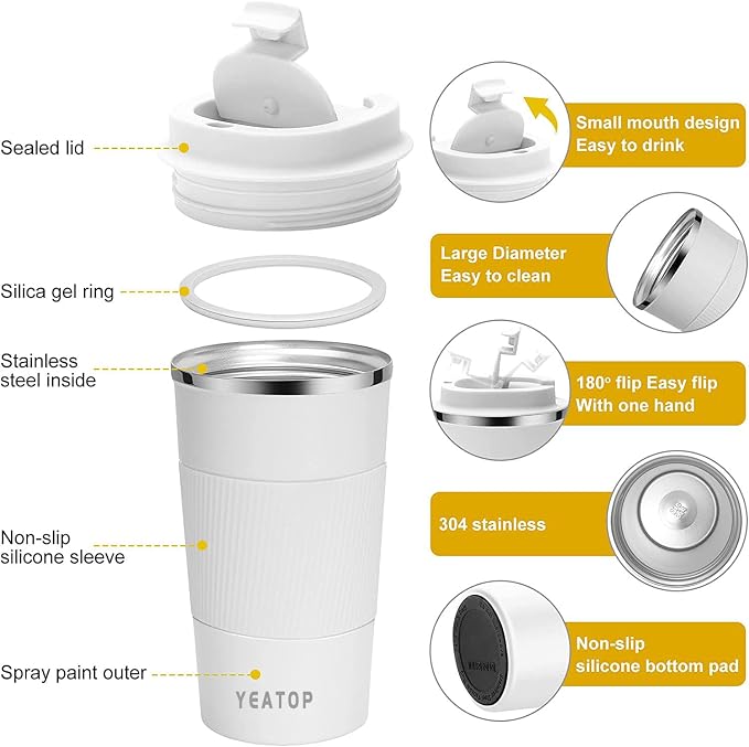 16 oz Insulated Travel Coffee Mug, Spill Proof Coffee Mug To Go, Leak proof Reusable Thermal Coffee Cup With Lid, Stainless Steel Vacuum Coffee Tumbler for Hot/Cold Drinks (White, 510ml)