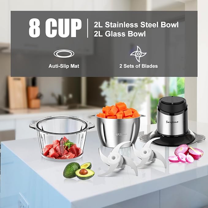 Sovyime Food Processor, 2‑Speed Electric Food Chopper & Small Meat Grinder | With 8Cup Stainless & 8Cup Glass Bowls, 2 Bi-Level Blades&. Great for Onion, Baby Food, Garlic, Nuts, Fruit, and Vegetables.