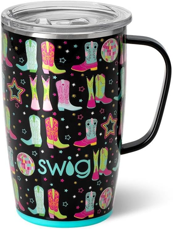 Swig Life 18oz Insulated Travel Mug with Handle & Lid, Disco Cowgirl | Triple Insulated Stainless Steel - Handle & Lid Included - Keeps Coffee Hot or Cold - Cup Holder Friendly