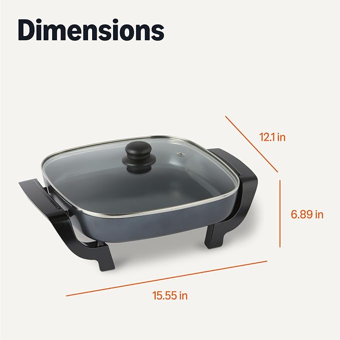 Amazon Basics Electric Skillet and Frying Pan with Glass Lid, Nonstick Ceramic Coating, Adjustable Temperature Control, 15.6 x 12.1 x 6.9 inch, Black