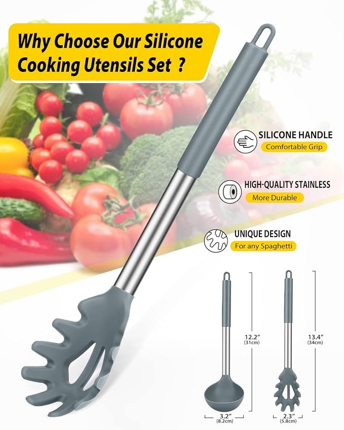 BUNDLEPRO Silicone Pasta Fork and Ladle Spoon Set, 2 Pack, Gray | Large Non Stick, High Heat Resistant Kitchen Utensils for Cooking,Stirring,Serving Spaghetti, Soup, Sauce
