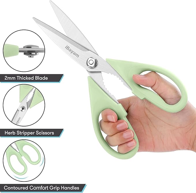 iBayam 8.7" Heavy Duty Kitchen Scissors All Purpose 2-Pack –Pistachio/Blue | Sharp stainless steel blades, cut meat, chicken & vegetables. Ergonomic comfort grip, dishwasher safe, includes blade covers