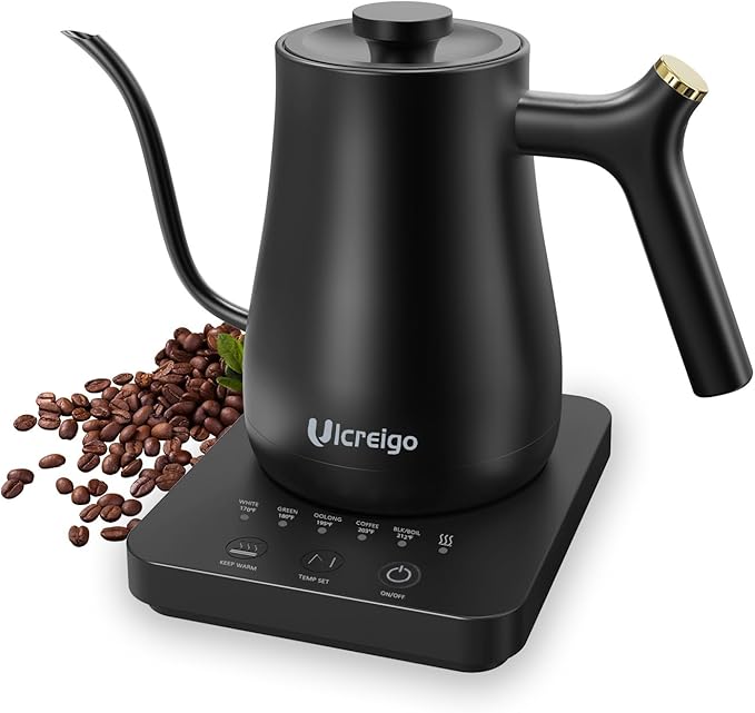 Gooseneck Electric Kettle,Ulcreigo Electric Kettle Temperature Control Tea Kettles for Boiling Water with 5 Variable Presets,Hot Water Boiler Heater for Coffee,304 Stainless Steel Black Color