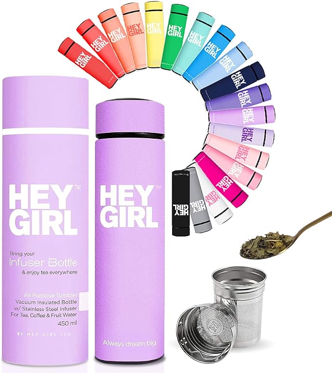 Hey Girl Tea Infuser Bottle 450ml - Insulated Stainless Steel Water Bottle - Tea Tumbler with Tea Diffuser - Portable Travel Mug for Loose Leaf Tea & Infused Water - Tea Lovers Gifts for Women