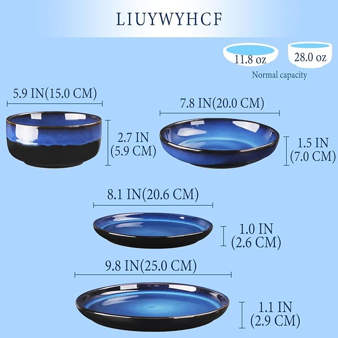 Ceramic Dinnerware (16 pcs) Serve 4 people, Plates and Bowls Sets,Handmade Reactive Glaze Dishes Set, Chip Resistant and Scratch Resistant, for Oven & Dishwasher & Microwave Safe