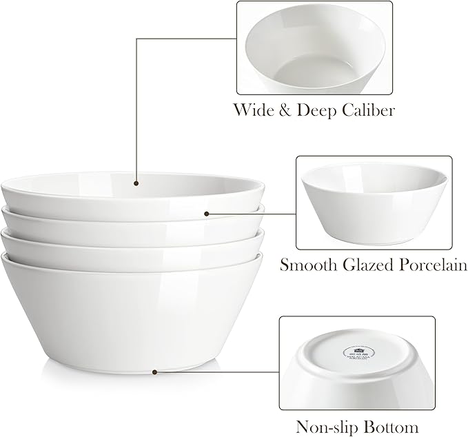 MALACASA 60 OZ Large Salad Soup Bowls Set of 4, White Ceramic Bowls | Deep Bowls for Kitchen, Family Salad, Ramen, Pasta, Pho, Fruit, Microwave & Dishwasher Safe Gift Set, Series REGULAR