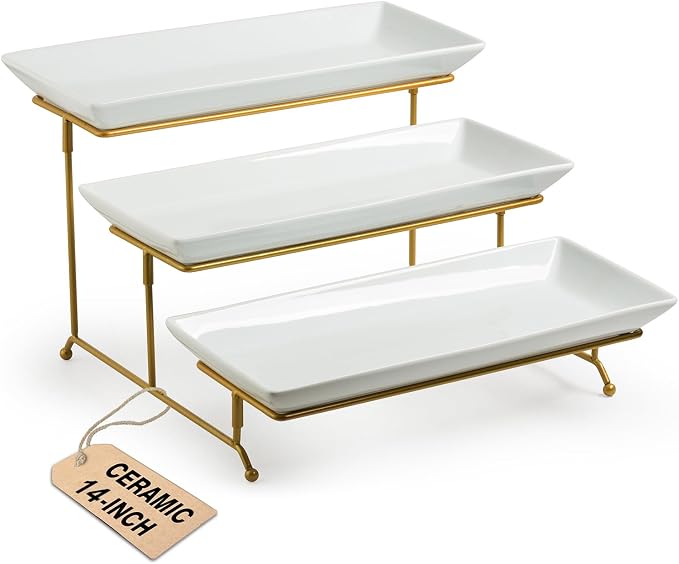 LAUCHUH Large 3 Tier Serving Stand Porcelain Tiered Serving Trays for Party | 14 Inch Serving Trays & Platters with Collapsible Sturdier Rack Dessert Party Display Set for Fruit Cupcake Snack Salad, Gold
