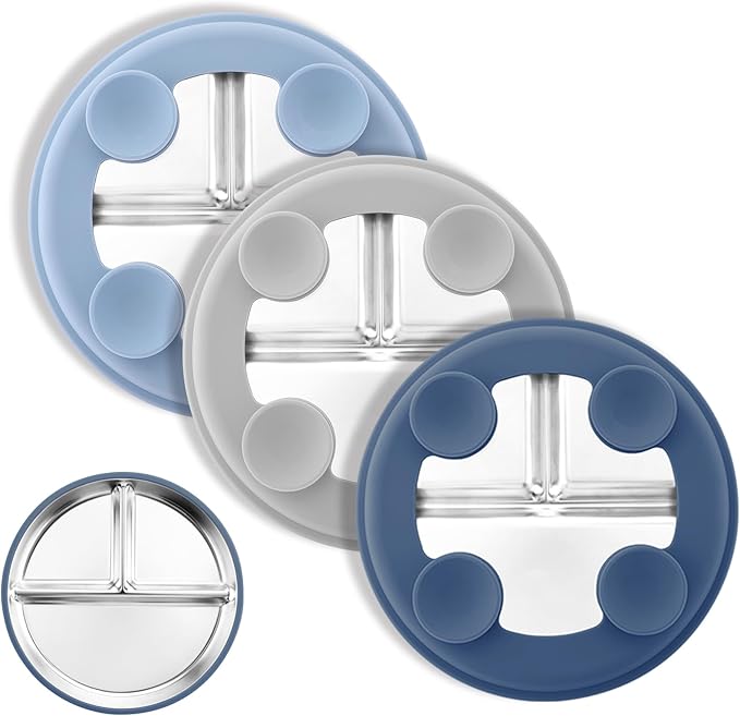 Bakpoco Stainless Steel Suction Plates for Toddlers, 8" Divided Kids Baby Plates with Removable Silicone Suction, Non Toxic Non Slip Portion Control Snack Dishes 3 Packs, Blue Gray Navy