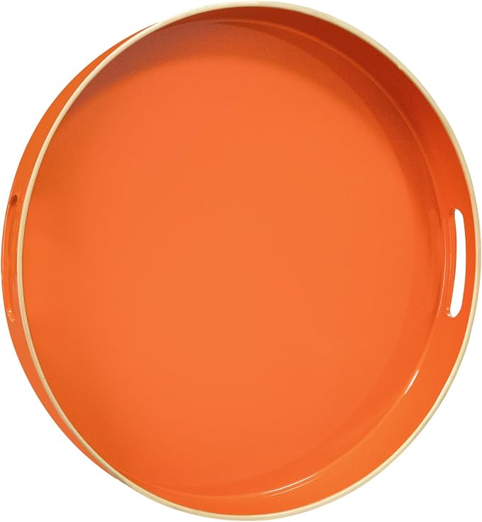 13" Orange Decorative Tray, Plastic Round Serving Tray with Handles | Decorative Tray for Coffee Table, Modern Ottoman Tray, Circle Tea Tray, Round Melamine Tray for Living Room, Bathroom