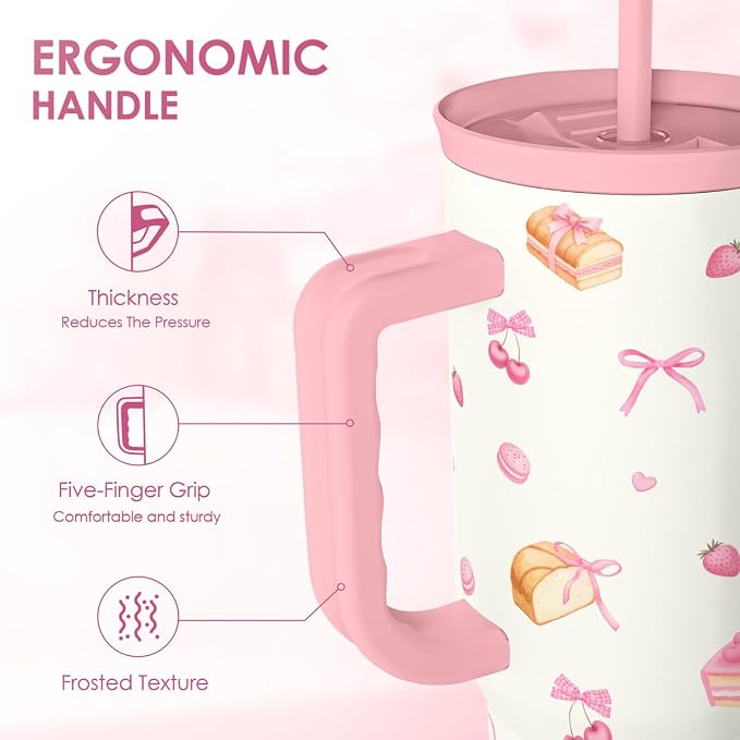 SANDJEST Dessert 40oz Tumbler with Handle and Straw, Insulated Stainless Steel Travel Coffee Mug for Women Girls, Gift Idea for Birthday Christmas Mothers Day
