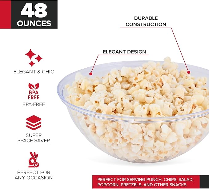 48 oz Clear Plastic Serving Bowls (4 Pack) Disposable Candy Dishes, Buffet Containers for Chips, Popcorn, Snacks, Mints, Salad Bar, Snack Bowl Parties, Office Desk, Bridal Shower, Party Supplies