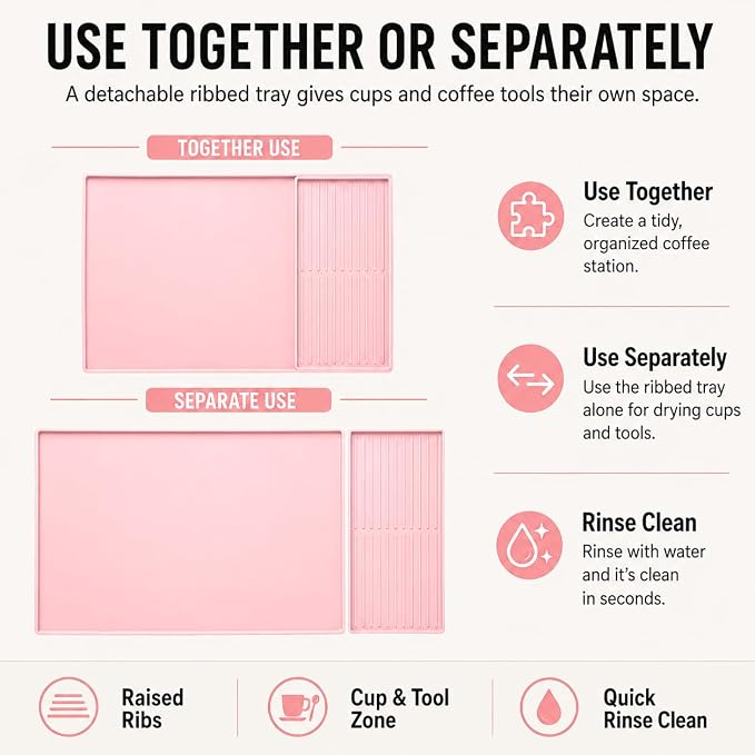 Silicone Coffee Mat 24 x 16 in with Tray, Soft Light Pink | Coffee bar mat for countertop use, coffee station mat or coffee machine mat with removable tray and 0.47 in raised rim.