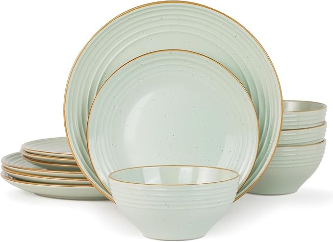 Famiware Jupiter Plates and Bowls Sets with Rim, Stoneware Dinnerware for 4 | 12pcs Ceramic Neutral Dishes, Speckled & Embossed Swirl, Chip & Scratch Resistant, Microwave & Dishwasher Safe, Light Green