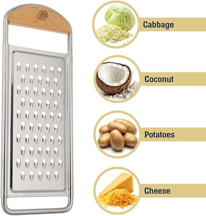 Kings County Tools Cheese Grater Handheld, Flat Food Grater, 12” x 4.5” | Stainless Steel Coarse Shredder Kitchen with Cherrywood Handle for Medium-Hard Cheese, Italian Made Kitchen Gadgets