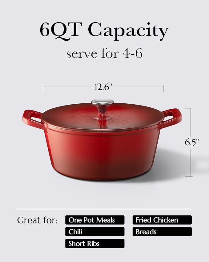 Dutch Oven Pot with Lid, 6QT Enameled Cast Iron Dutch Oven for Sourdough Bread Baking, Braising & Roasting, Dual Handle, 500℉ Oven Safe, All Cooktops Compatible, Cerise