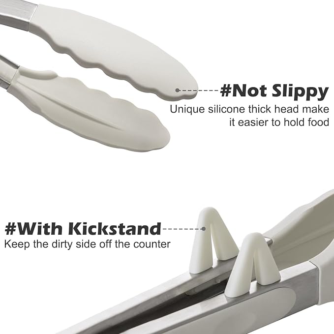 9" Kitchen Tongs for cooking with Silicone Tips, 3Pcs Serving Tongs, White | Small Silicone Tongs mit kickstand, Food Grade, 3 different type of tongs, Stainless Steel