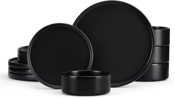 E-far Stoneware Dinnerware Sets, 12-Piece Black Plates and Bowls Set for 4 | Kitchen Modern Dishes Dining Ware, Chip and Scratch Resistant, Microwave & Dishwasher Safe, Matte Black