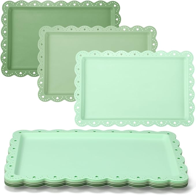 6 Pcs Green Serving Trays Plastic Platters Dessert Cupcake Holder Party Supplies 14.4 x 9.3 Inches Rectangular Cookie Snack Display Tray for Wedding Restaurant