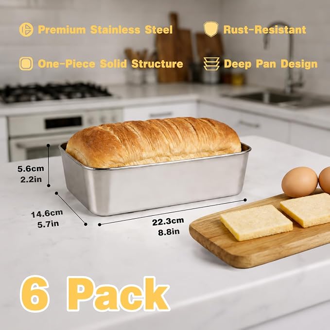 6 Pack Stainless Steel Loaf Pans for Baking Bread, 8.8 × 5.7 Inch Large Loaf Toast Baking Pan, Bread Baking Pans for Homemade Brownies, Sourdough, Meatloaf, Easy Release & Dishwasher Safe