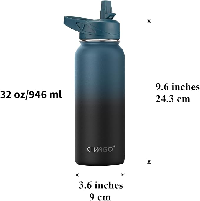 CIVAGO 32 oz Insulated Stainless Steel Water Bottle With Straw and 3 Lids | Large Metal Sports Water Jug, Leakproof Reusable Wide Mouth Thermal Flask Cup with Silicone Boot, BPA-Free, Deep Orange