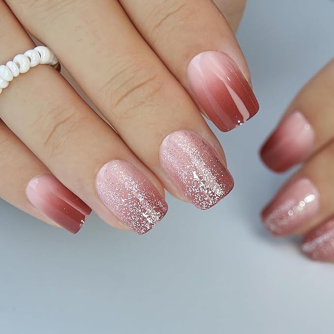 CurvLife Short Square Press On Nails, Misty Pink, Soft Gel | 32PCS, 16 Sizes, Salon-Quality Natural Fake Nails, Curved Fit, 7-14 Day Glue-On Wear, Reusable Stick-On Nails, Press-On Kit