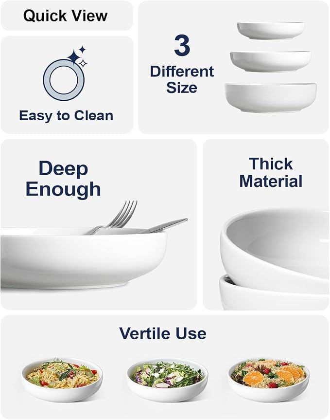 LE TAUCI Pasta Bowls 45 oz, Salad Bowls Set for Serving Soup, Pasta, Noodle, Dinner, Large Kitchen Bowl Plates, Microwave Safe - 8.5 Inch, Set of 4, White