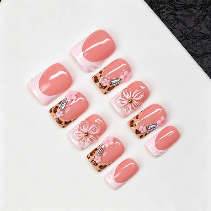 Flower Press on Nails Handmade 3D Pink Flower Designs Leopard Print French Tip Acrylic Nails Luxury Homemade Press on Nail Art Salon Quality Short Square Fake Nails for Women (M)