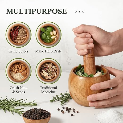 2 Pack Wooden Mortar and Pestle Set, 1.5 Cup Solid Jujube Wood Garlic Grinder Bowls, Herb & Spice Crusher for Guacamole, Pepper, Nuts, Salsa, Kitchen Manual Grinding Tool