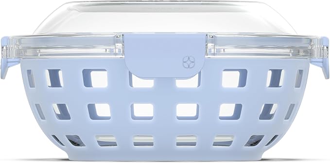 Ello DuraGlass Food Storage Glass Lunch Bowl Container - Meal Prep Container with Silicone Sleeve and Airtight Lid, 5 Cup, Blue | Leakproof glass meal prep salad bowl. BPA-free lid, silicone sleeves, great for meal prepping, food storage, and leftovers.