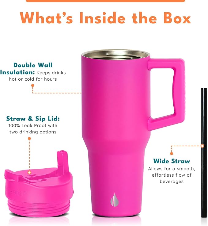 Elemental 100% Leak Proof 32oz Tumbler with Handle & Straw Travel Mug | Stainless Steel Double Wall Insulated Tumbler for Hot and Cold Beverages with Sip & Straw Lid