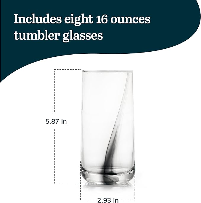 16 Oz Ascent Black Ribbon Drinking Glasses Set of 8 | Modern Black Ribbon Design, Dishwasher Safe & Easy to Clean, Durable for Everyday Dining and Entertaining