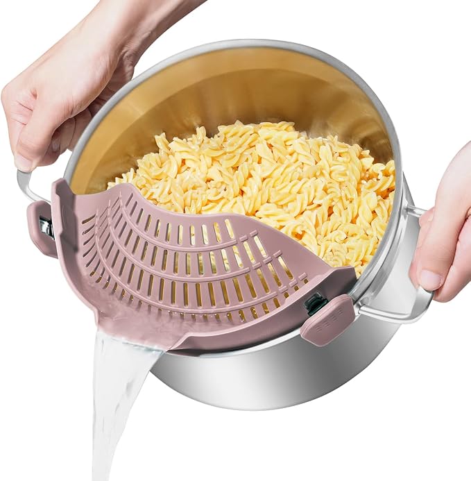AUOON Pot Strainer Clip on Silicone, Large 10.45 x 4.33 in, Almond Rose | Fits Pots Pans Bowls, Dishwasher Safe, for Pasta Noodles Vegetable Fruits, Space-saving Kitchen Gadget