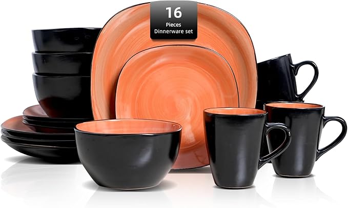 Stoneware Square 16pc Dinnerware Set, Inside Spinwash Swirl Orange + Outside Black