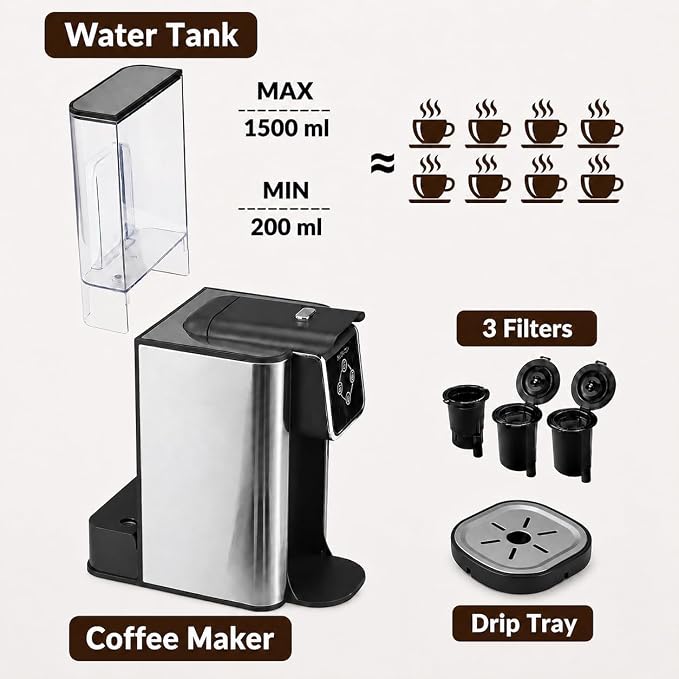 Mecity Coffee Maker 3 in 1 Single Serve Coffee Machine, Compatible with K cup Capsules, Instant Coffee Pot, Tea maker, 6,8,10 Oz Cup, Removable 50 Oz Water Reservoir, 120V 1150W