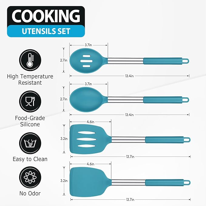 Large Silicone Cooking Spatulas and Spoons, BPA Free, 4 Pack (Blue) | Slotted & Solid Stainless Steel Cooking Utensils Set, Non-stick Heat Resistant Kitchen for Baking, Fried, Stir-Fry, Serving