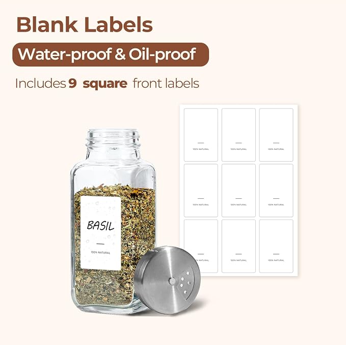 ComSaf Glass Spice Jars with Shaker Lids 8 oz 6 Pack Square | Labels, Seasoning Herbs Powders, Salt Pepper Chili, Spice Rack Organization, Kitchen Cabinet Storage, Funnel Included