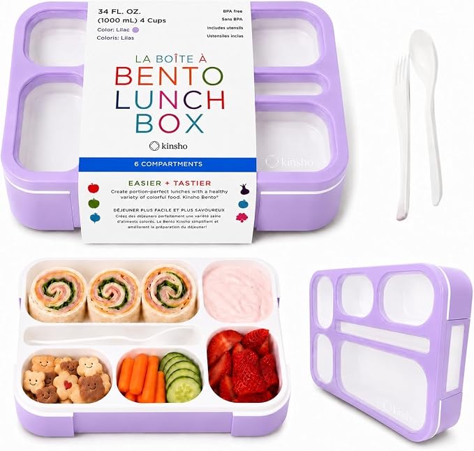 kinsho Bento Box for Kids Women - 6 Compartment, Leak-Proof Lunchbox for School, Portion Control & Meal Prep Containers, Reusable, BPA-Free Snack Container - Includes Utensil Set & E-Book, Purple