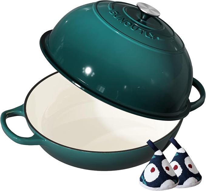 Enameled Cast Iron Bread Oven, 6QT Cast Iron Dutch Oven for Homemade Sourdough Bread Baking, Round Bread Pot with Dome Lid & Cotton Potholders, Bottle Green