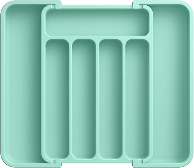 Aujen Silverware Drawer Organizer, Adjustable Utensil Cutlery Tray | Expandable Kitchen Organizer for Forks Knives, Multipurpose Kitchen Storage, Apartment Essentials, Green, Medium