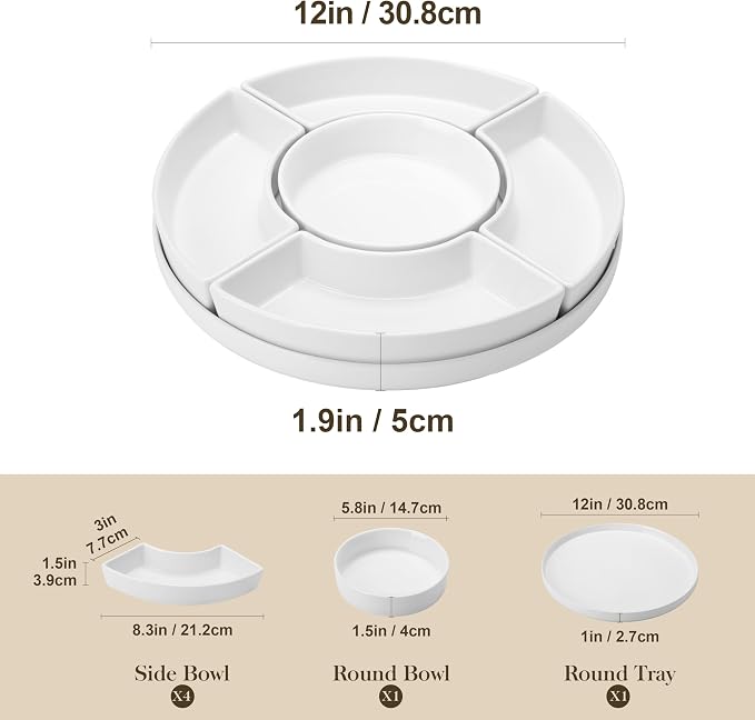 MALACASA Porcelain Divided Serving Dishes, Appetizers Tray, Serving Tray for Party - Perfect for Chips and Dip, Fruit, Veggies, Candy and Snacks, Divided Serving Platter, Relish Tray, White