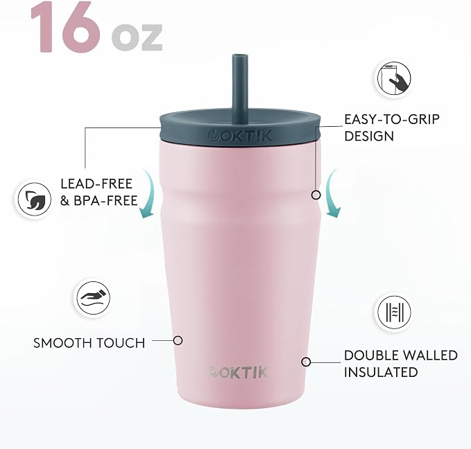 COKTIK 16oz Insulated Tumbler with Lid and Straw Iced Coffee Cup Reusable Stainless Steel Travel Mug Water Bottle Cupholder Friendly for Women Men Her Him (Blush)