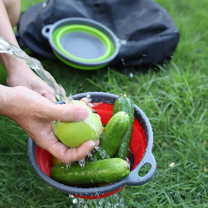 Foldable Silicone Strainer Colanders with Handles, Green and Red, 2 Pack | Collapsible Colanders, Space-Saver Folding Strainer, for Draining Pasta, Vegetable