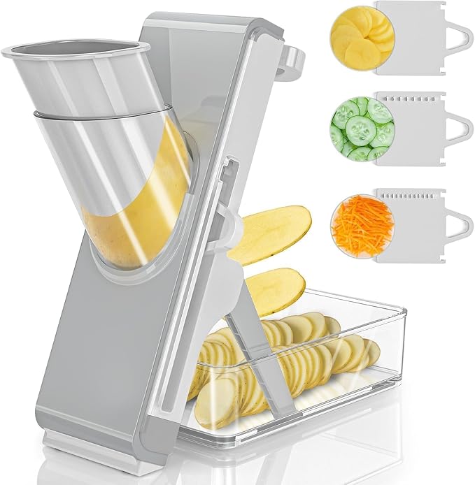 Eletronova Safe Mandoline Slicer for Kitchen, Vegetable Slicer with Container, French Fry Cutter, All in 1 Julienne Slicer for Potato, Thickness Adjustable, Detachable Blade (Gray)
