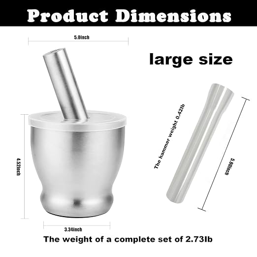 Conical Mortar and Pestle Set, Large Stainless Steel with Lid | Deep Bowl, Large Capacity, Heavy Duty, Thick Wall, Garlic Press, Ginger Grinder, Kitchen Essential, Versatile Use