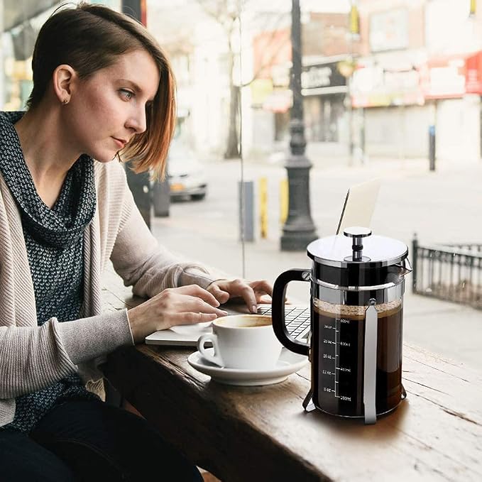 QUQIYSO French Press 34oz, Stainless Steel and Thickened Glass Coffee Maker | 4 Filter Heat-Resistant Borosilicate Glass Coffee Press, Easy to Clean, Suitable for Kitchen Party Camping Gifts(Silver)